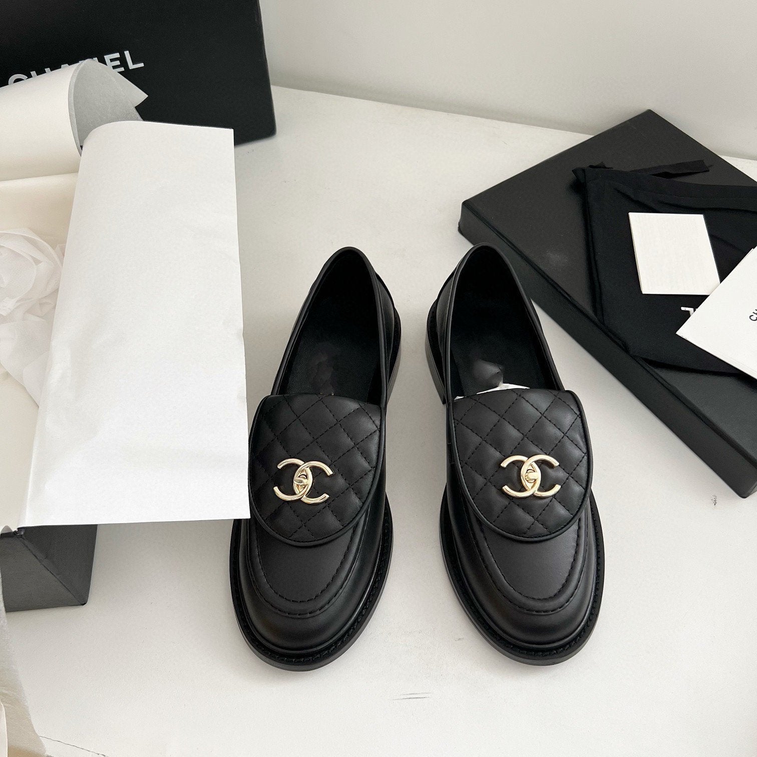 CHANEL Moasins Black Quilted Calfskin Gold